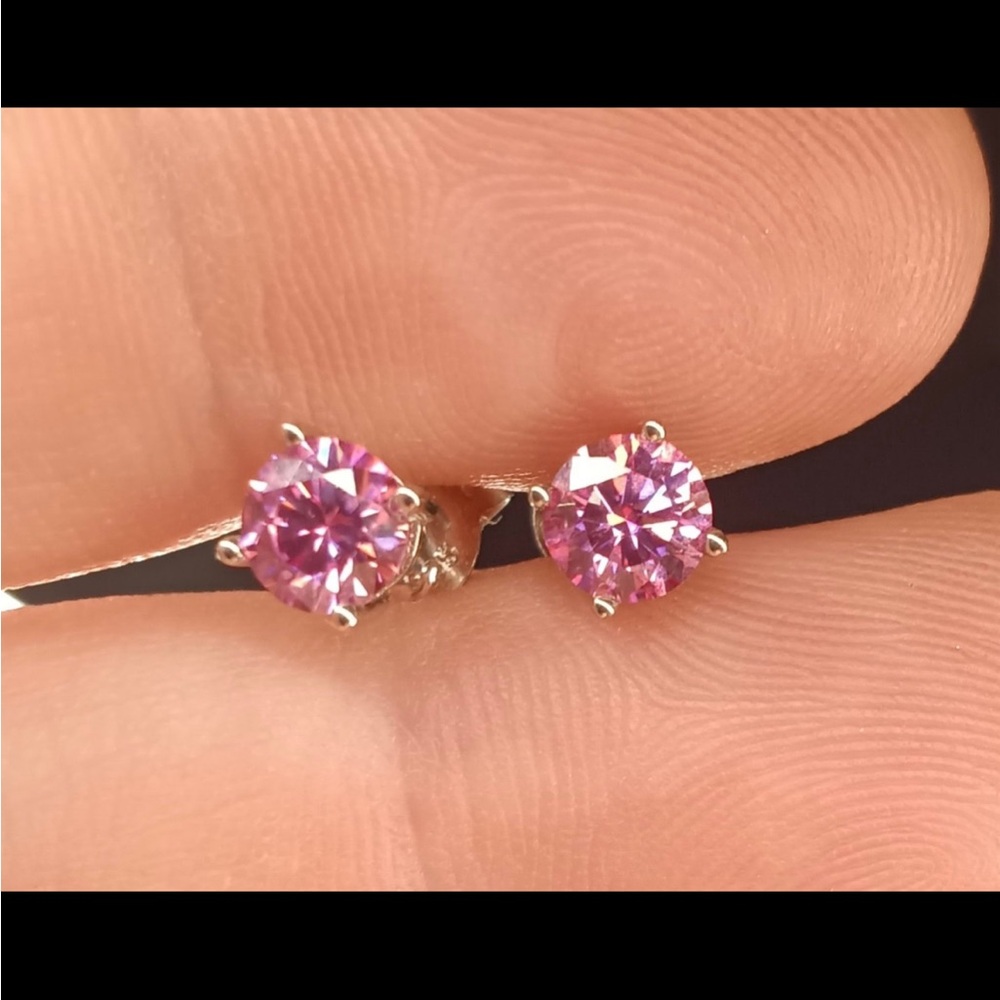 Pink Moissanite (Sqr 5.5 mm) Solitaire Stud Earrings in Vermeil RG Over Sterling